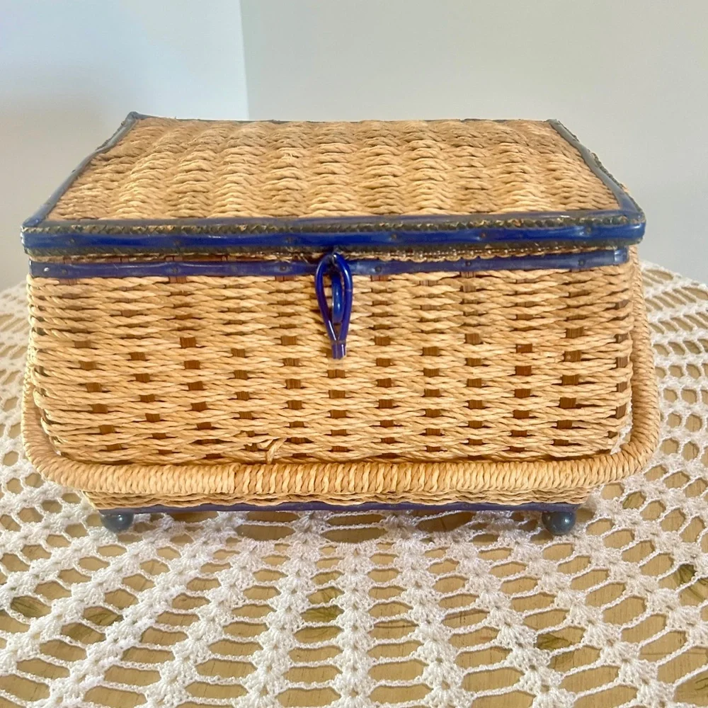 Vintage Wicker & Blue Sewing Basket with Light Blue Satin Lining Cottagecore